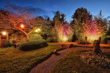 Beleuchtete Wege und Bäume in der Abenddämmerung im Park der Gärten zur Illumination.